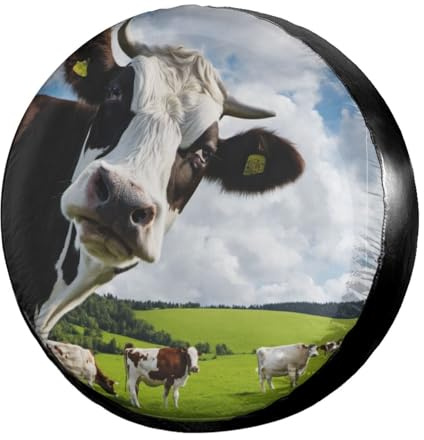 Funny Cow in Green Farm Nature Copertura della Ruota di Scorta Impermeabile Borsa Copriruota Resistente alle Intemperie Copertura per Pneumatici per RV Veicoli Camion 17inch