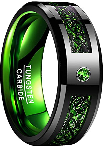 NUNCAD 8mm Noir + Vert Bague Fiancaille en Tungstène avec Dragon Celtique et Fibre de Carbone +Zircon Vert Homme/Femme pour Anniversaire Mariage Souvenir Taille 70(22.3)