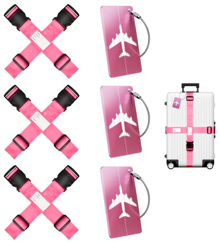 6 Sangle Valise Voyage + 3 Etiquette Valise, Sangle pour Valise réglables,Sangles à Bagage Rose