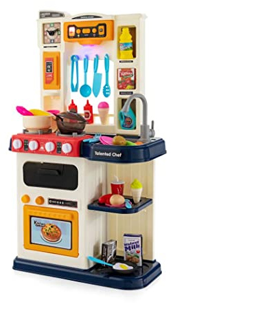 COSTWAY Kids Kitchen Playset, Toddler Pretend Play Toy Set with 65 Pcs Accessories, Realistic Lights & Sounds, Sink, Steam Simulation, Indoor Cooking Play Kitchen for Children (Blue)