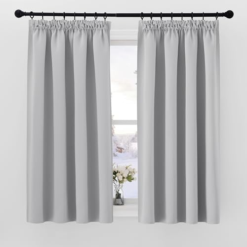 PONY DANCE Blackout Pencil Pleat Curtains, Silver Grey, W46 x L45 Inch | Thermal Insulated Curtains with Noise Reducing & Privacy, Soft Window Treatment for Bedroom, Living Room & Kitchen, 2 Panels
