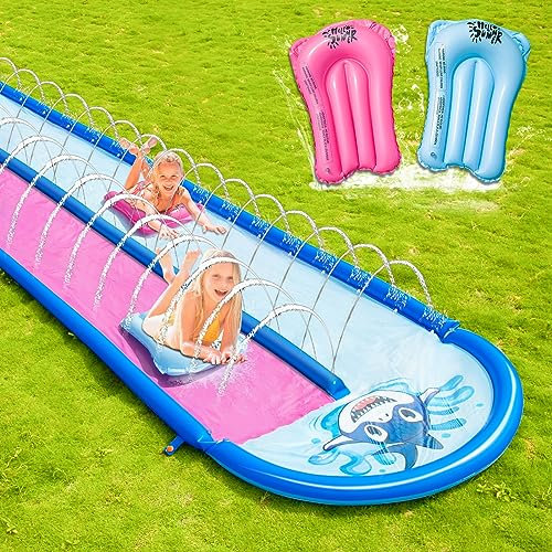 jooeer Garden Slip n Slide Double Lawn Water Slide Inflatable Long Mat Outdoor Toy with 2 Bodyboards Sprinklers Pool Water Sport Have Fun Game, 20ft/6m