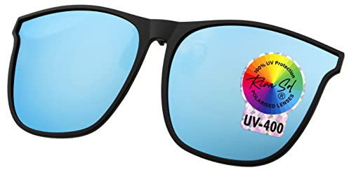 RivaSol Blue Mirror Clip On Polarised Sunglasses Flip Up Over Your Glasses Full UV400 Protection For Men Women Unisex