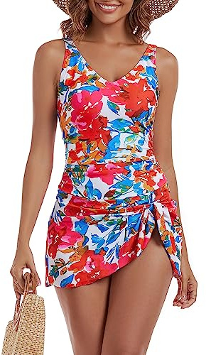 Aidonger One Piece Swim Dress Swimsuits for Women Tummy Control Swimdress Skirt V Neck Bathing Suit