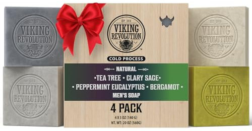 Viking Revolution - Duschseife Männer - 4er-Set - Teebaum, Pfefferminze, Bergamot, Muskatellersalbei - Festes Duschgel - 4 x 140 g