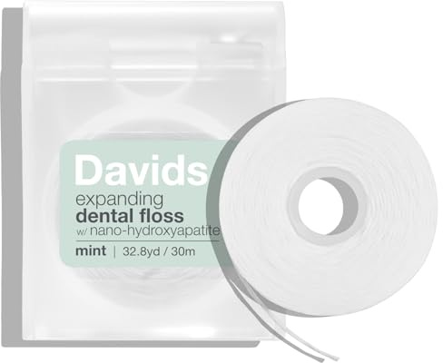 Davids Expanding Dental Floss + Refill w/Hydroxyapatite, No Break Woven Strands, Waxed, Vegan, Cocoa Butter & Mint, Kid Friendly, Refillable Dispenser, 66 yd