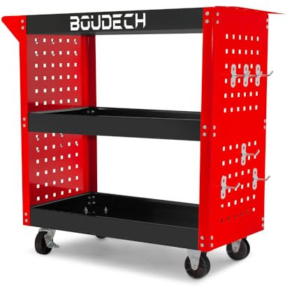 Troller Chariot d'atelier 3 étagères, panneaux perforés latéraux et 12 crochets, roues autobloquantes, surface de travail avec tapis antidérapant
