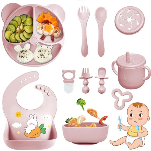 Baby Matsats 11 delar, Antislip Baby Serviettset Silikon med Sugkopp Tallrik Gaffel Sked Napp och Beger, Barnserviettset, BPA-fritt
