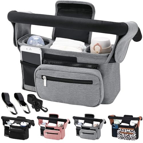 Tyuodna Kinderwagen Organizer Universal,Kinderwagen Tasche mit 2 Isolierten Becherhalter,Buggy Organizer,Kinderwagentaschen mit Schultergurt und Rutschfeste Sichere Haken (Grau)