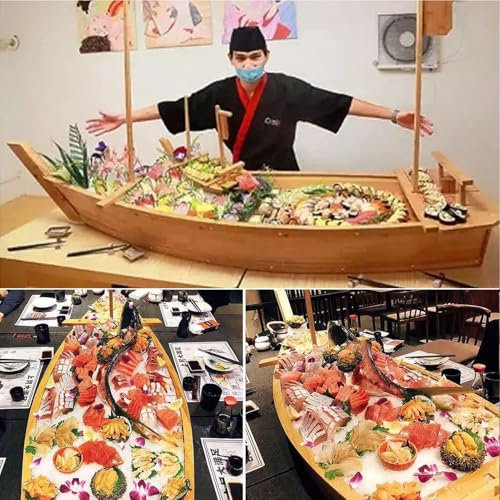 UIHECTA Bateau à Sushi Japonais en Bambou, Plateau De Service, Assiette à Sushi Sashimi, en Forme De Bateau, RéCipient à Saumon Et Fruits Mer, pour Restaurant/Assiette Maison,Bamboo,L70×W24cm