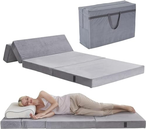 Matratze, faltbar, wasserdicht, atmungsaktiv, Samt, volle Matratzenauflage, 4 Klappsofas, Bettmatte, Samtbezug, tragbares Gästebett mit Aufbewahrungstasche und waschbarem Bezug, Grau, 190,5 x 63 x 10