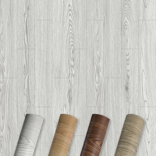 Selbstklebende Holzoptik Vinylboden, PVC Bodenbelag, Vinyl-Fußböden Bodenfliesen Wasserfest, Langlebig Designbelag für Wohnzimmer, Schlafzimmer, Büros 60x1000cm Weiß Graues