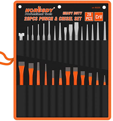 HORUSDY 28-Piece Punch Pin Set, Heavy Duty Punch and Chisel Set, Including Taper Punch, Cold Chisels, Pin Punch, Center Punch