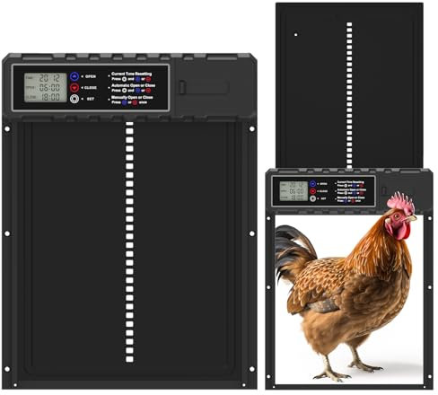 KACNON Aluminium Automatische Hühnerklappe - Elektrische Hühnerklappe mit Wasserdicht Großes Display, Timer, Klemmschutzfunktion - Automatisch für Hühner, Ente, Gans, Häschen, Kratzfest