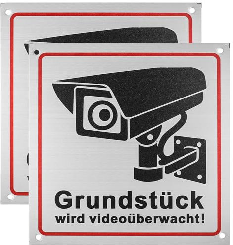 Segnale di avvertimento per videosorveglianza, 2 pezzi, 15 x 15 cm, segnale di avvertimento per videosorveglianza, privato, cartelli per videosorveglianza, esterni, in alluminio, videosorveglianza