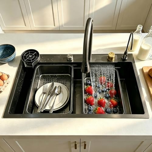 DSMRLEOP Fregadero de cocina Nano de acero inoxidable, 85x45cm multifuncional, cascada, fregadero individual con grifo extensible, lavavajillas de alta presión, escurridor – Fácil de poner