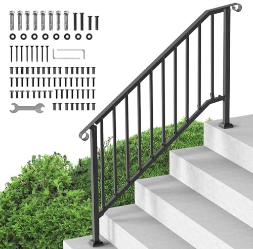 VEVOR Handrails for Outdoor Steps, 5 Steps Stair Hand Rail Kit, Transitional Carbon Steel Railings with Installation Kit, Stair Rails for Seniors, Concrete Steps & Porch & Deck, Black Retro Arch