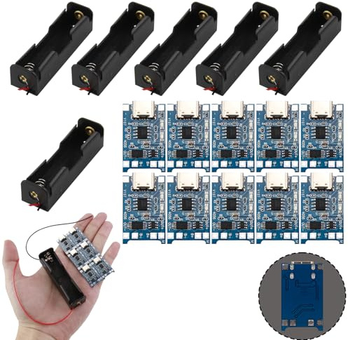 6 Pezzi Porta Batterie 3.7V 18650 Custodia per Batterie in Plastica con Slot Singolo + 10 Moduli Caricabatterie USB Tipo-C 5V 1A, Custodie e Cavi Inclusi, 18650 Battery Clip Holder Case