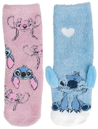 Disney Lilo & Stitch 3D ABS Cuddly Socks for Girls - Fluffy Children's Winter Socks Stopper Socks Non-Slip Socks Pink/Blue (Pack of 2)