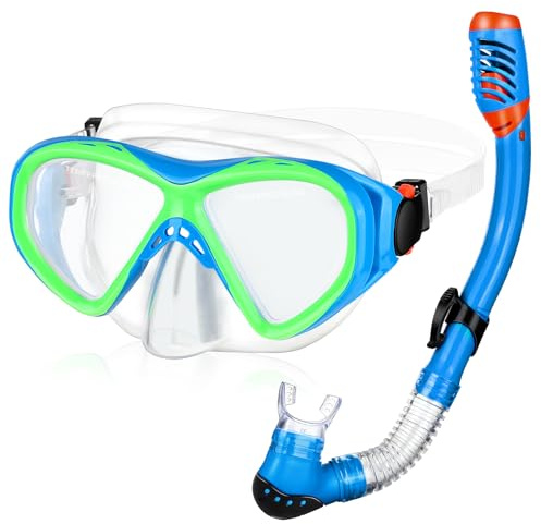 Set da snorkeling per bambini, con top asciutto, per bambini e bambine, età 5-15 anni, anti-appannamento, anti-perdite, maschera per immersioni subacquee, occhialini da nuoto con copertura per il naso