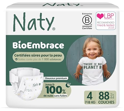 Naty BioEmbrace Couches Bébé | Certifiées sûres pour les peaux sensibles| Protection anti-fuites jusqu’à 100% | Douceur biosourcée & à base de plantes | Sans chlore | Taille 4 (7–18 kg), 88 unités