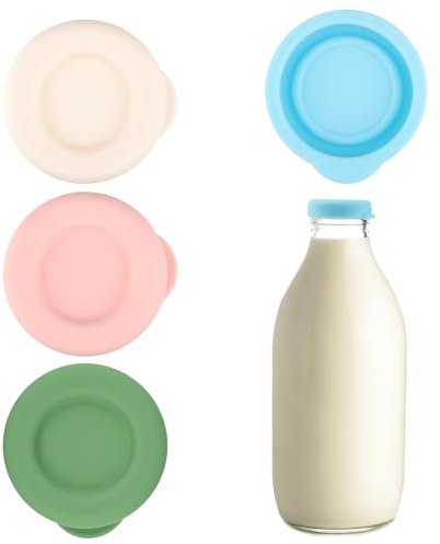4 Pcs Milk Bottle Tops, 1 Litre Glass Milk Bottle Tops, 48 mm Reusable Silicone Lids for Milks Glass Bottles, Dishwasher Safe, Leakproof, Multicolor (Green, Pink, Blue, Beige)