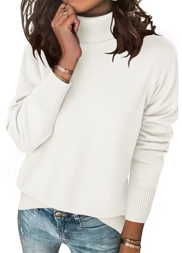 Zeagoo Maglione a collo alto da donna, elegante maglia a punto, a maniche lunghe, informale, collo a tartaruga, top invernali per autunno e inverno, bianco, XXL