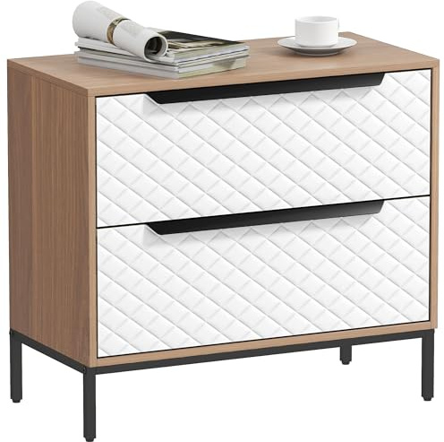 HOMCOM Cómoda con 2 Cajones de Tela, Cómoda para Dormitorio, Marco de MDF, Frentes con Patrón de Diamante, Cajonera para Salón, Oficina, Vestidor, Natural y Blanco