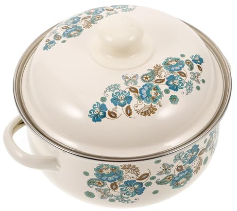 Angoily Enamel Stock Pot with Lid Flat Bottom Cooking Pot Double Handle Soup for Stove Enamel Kitchenware for Soup Noodles and Hot