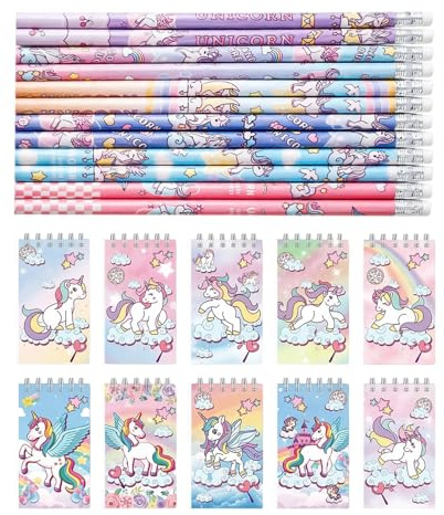 GWEOR 20 Pièces Set Papeterie Licorne, 10 Petits Carnets & 10 Crayons HB, Cadeau Fille Idéal pour Anniversaire Enfant, Récompense Scolaire & Fêtes