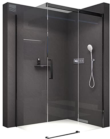 BERNSTEIN - Cabine de douche d'angle 140x100x195cm porte coulissante verre trempé ESG 8mm anticalcaire, Profilés Noir mat, Charnières réversibles gauche/droite - DX906 FLEX