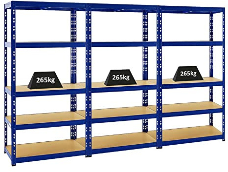 PROREGAL Mega Deal 3X Étagère Charge Lourde Tiger | HxLxP 180x90x45cm | 265kg par Niveau | Bleu | Étagère Robuste de Garage, Atelier, Cave, sous-Sol, Stockage, Rangement, rayonnage