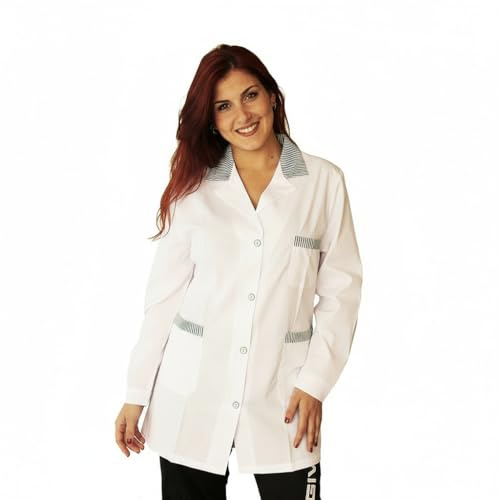Camici da lavoro MAESTRA Asilo Casacca da Lavoro Donna Colf laboratorio Manica Lunga Made in Italy (Bianco con righini verdi, M)