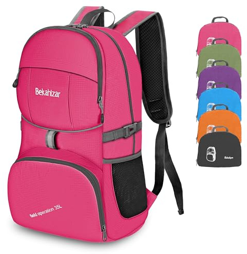 Bekahizar Zaino Pieghevole Leggero, 35L Zainetto Ripiegabile Piccolo Zaini Trekking Da Viaggio Per Uomo Donna Viaggio Città Passeggiate Campeggio Sportivo Arrampicata Vacanza Escursione (rosa)