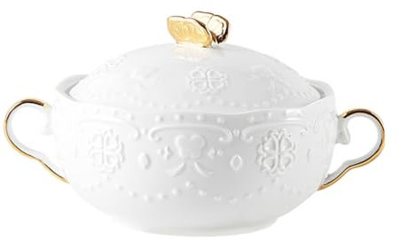 Cabilock Keramik Dessertschale Mit Deckel, Doppelohrschale Für Obstsalat, Suppe, Nudeln, Weiße Schüssel Mit Goldrand, 16X12X8.5Cm