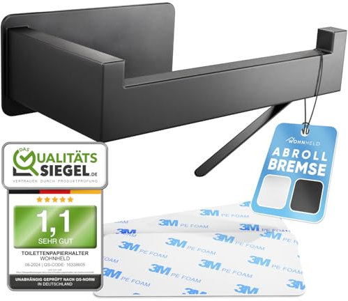 WOHNHELD® Toilettenpapierhalter ohne Bohren | Mit Abroll-Bremse | Extrem stabile Klebemontage | Edelstahl WC Klopapierhalter Schwarz | Rechts geöffnet