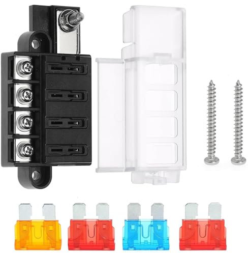 Greluma 4-Wege-Flachsicherungsblock,12V wasserdichter Sicherungskastenhalter mit Abdeckung, 4-Kreis-Sicherungskasten für Automobile, PKW, LKW, Boote, Marine, Wohnmobile