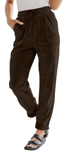 shownicer Femmes Élastique Taille Velours Côtelé Pantalons Casual Taille Haute Couleur Unie Lâche Pantalon Rétro Pantalon Droit avec Poches A Marron L