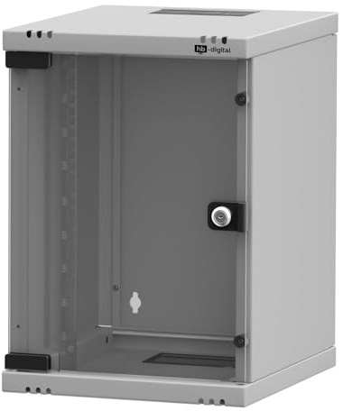 hb-digital Armario de red de 10 pulgadas, 9U, montaje en pared con puerta de cristal, carcasa de pared para router informático, panel de conexiones, carga 30 kg, resistente, profundidad de 300 mm, se