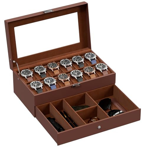 ProCase Watch Box for Men, 12 Slot Mens Watch Case With Drawer, Watch Display Case With Glass Lid, 2-Layer Watch Holder Organizer, Jewelry and Watch Storage Gift for Men Women -12Slot, Espresso