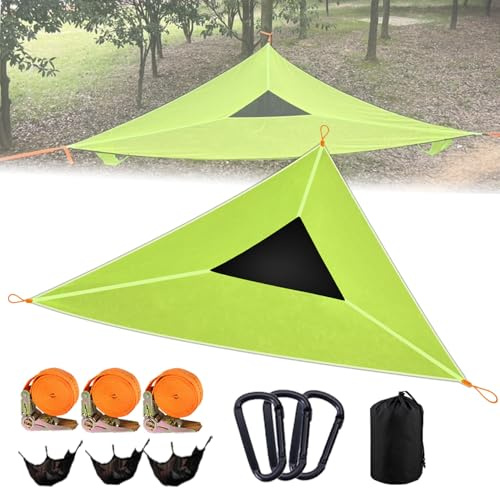 Triangle Hammock Multi Person 3 Point Tree Hammock, 13Ft Extra Large Sky Camping Hammock with 3 Ratchets/Straps/Net Pockets/Carabiners and Storage Bags, Max 800lbs for up to 3-5 Adults/Kids