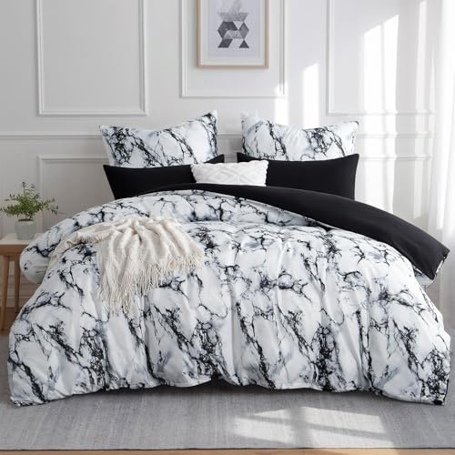 Aisbo Bettwäsche 200x200 3 teilig Bettdeckenbezug - Bettwäsche Set 200x200cm Marmor Schwarz Muster mit 2 Kissenbezügen 80x80 cm, Mikrofaser Bettbezug mit Reißverschluss, Bügelfrei und Weich