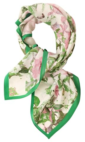 Prettystern 65 cm Foulard quadrato 100% seta per donna – Sciarpa leggera floreale, verde e rosa, ideale per look primaverili KS02