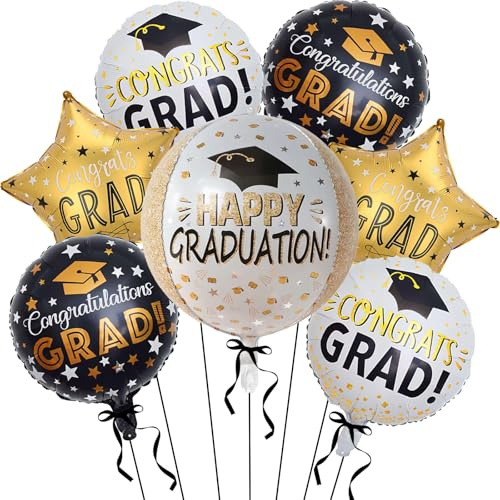 7 Pezzi Palloncini Laurea, Congratulazioni Palloncino, 22 Pollici Ballons Alluminio in Nero Oro, Festa di Laurea Decorazione, Accessori per Decorazioni per Feste(A)