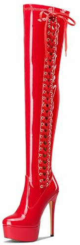 Aachcol Womens Over The Knee Platform Stiletto Lace-up Boots Patent Leather Thigh High Zipper High Heel Party Dress Boots 5.9 Inches Heels Red 10 M US