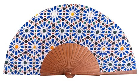 Hamzah Abanico Hecho a Mano en España – Seda Natural y Madera de Kotibé, 23?cm, Regalo Artesanal con Funda, Diseño Elegante de la Colección Mosaicos Alhambra (Zellige)