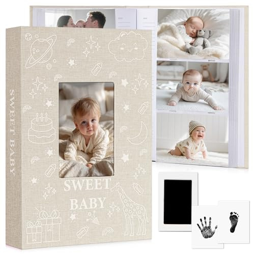 EARLY MINDS Álbum de fotos de bebé de 10 x 15 cm, 300 bolsillos, con área de notas y kit de huellas de manos y pies, cubierta de lino, libro de recuerdos con ventana frontal, sin ácidos, para recién