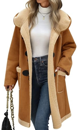 UMIPUBO Women Suede Sherpa Fleece Lined Duffle Faux Leather Coat Mid Length Hooded Toggle Jacket with Pockets, Winter Trendy Warm Outerwear(Dark Khaki,M)