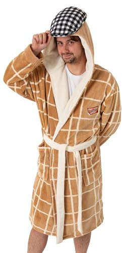 Only Fools and Horses Mens Brown & Cream Hooded Bathrobe | Cosy Fleece Loungewear for Bathing & Lounging | Classic Checkered Design | TV Programme Merch - Large