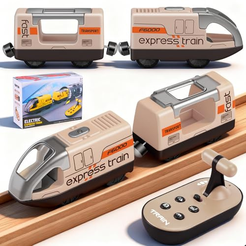 Set Treno Elettrico per Bambini, Locomotiva ad Azione a Batteria, Telecomandato Auto Giocattolo da Pista, Compatibile con Brio Thomas Railway, Set Treno Scatola Regalo per Doni Natalizi (Marrone)